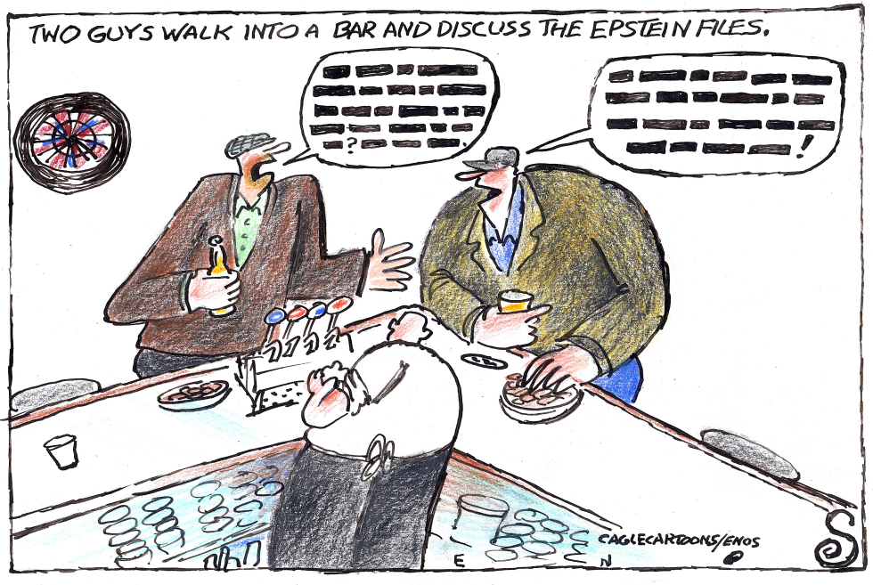 Two Patrons Discuss Redacted Epstein Files Over Drinks