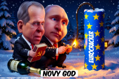 PUTIN AND LAVROV PLAYING WITH FIREWORKS by Bart van Leeuwen