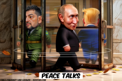 TRUMP, PUTIN, ZELENSKY WALK THROUGH REVOLVING DOOR by Bart van Leeuwen