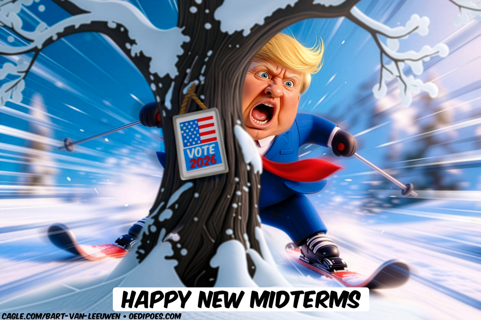 Trump skiing towards tree
