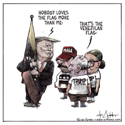 TRUMP HUGS THE VENEZUELAN FLAG by Michael de Adder