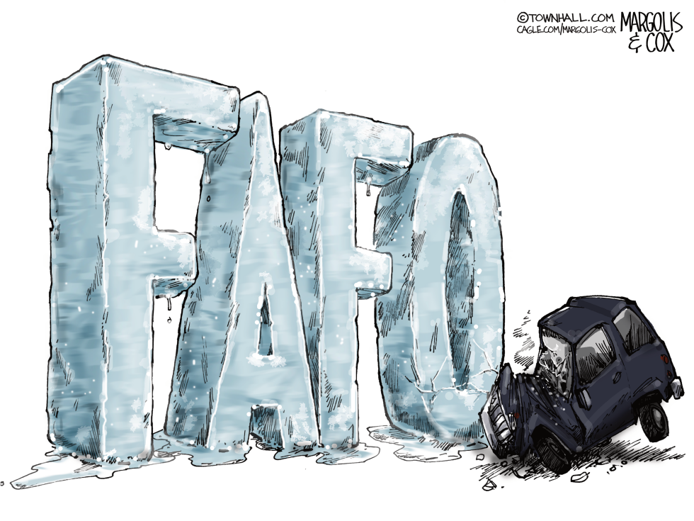 Car slams into giant FAFO ice block in immigration enforcement warning