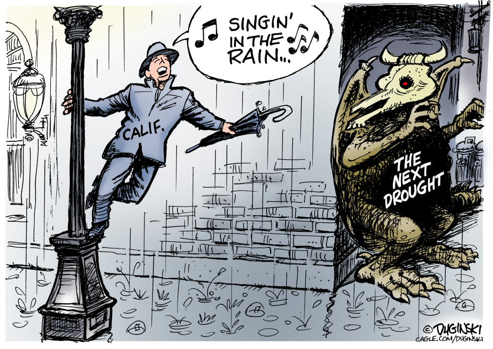 California dances through rain as drought figure waits nearby