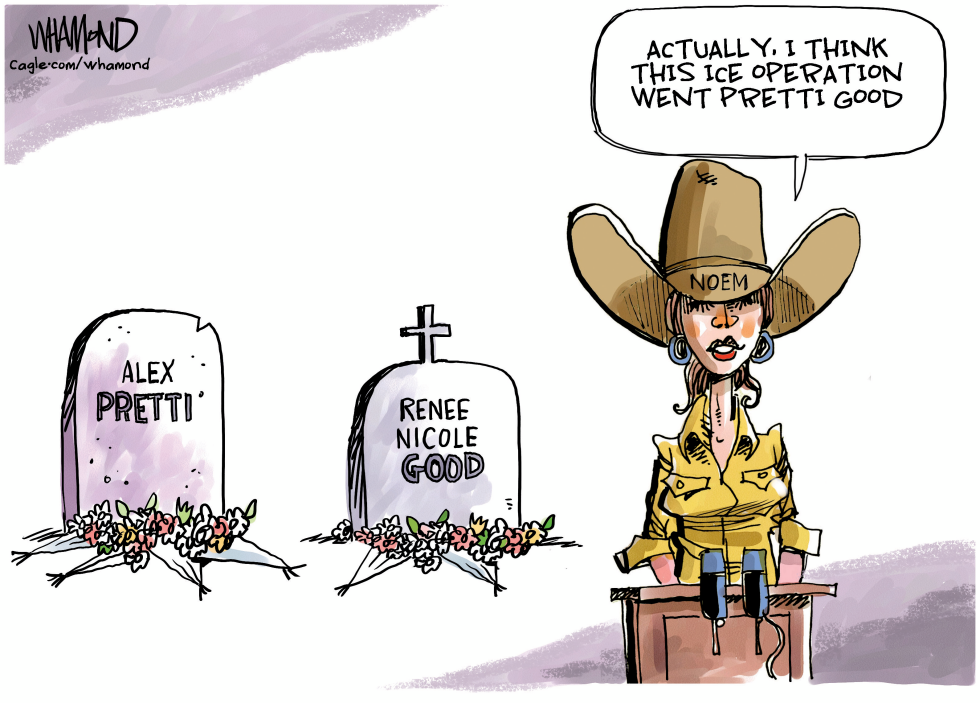Kristi Noem's Graveyard Gaffe: ICE Op Deemed 'Pretty Good' in Satirical Cartoon