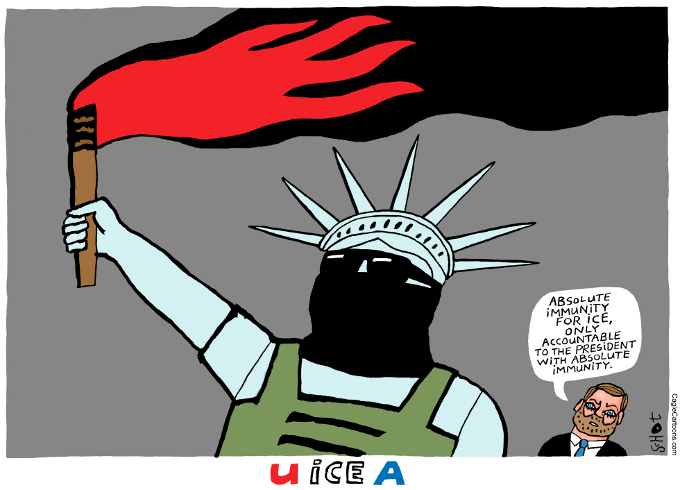 Liberty statue in ICE uniform with Vance