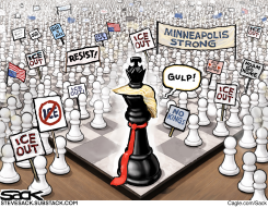 CHESSBOARD OF MINNEAPOLIS SCARED TRUMP KING ENGULFED BY MINNEAPOLIS STRONG PAWNS by Steve Sack