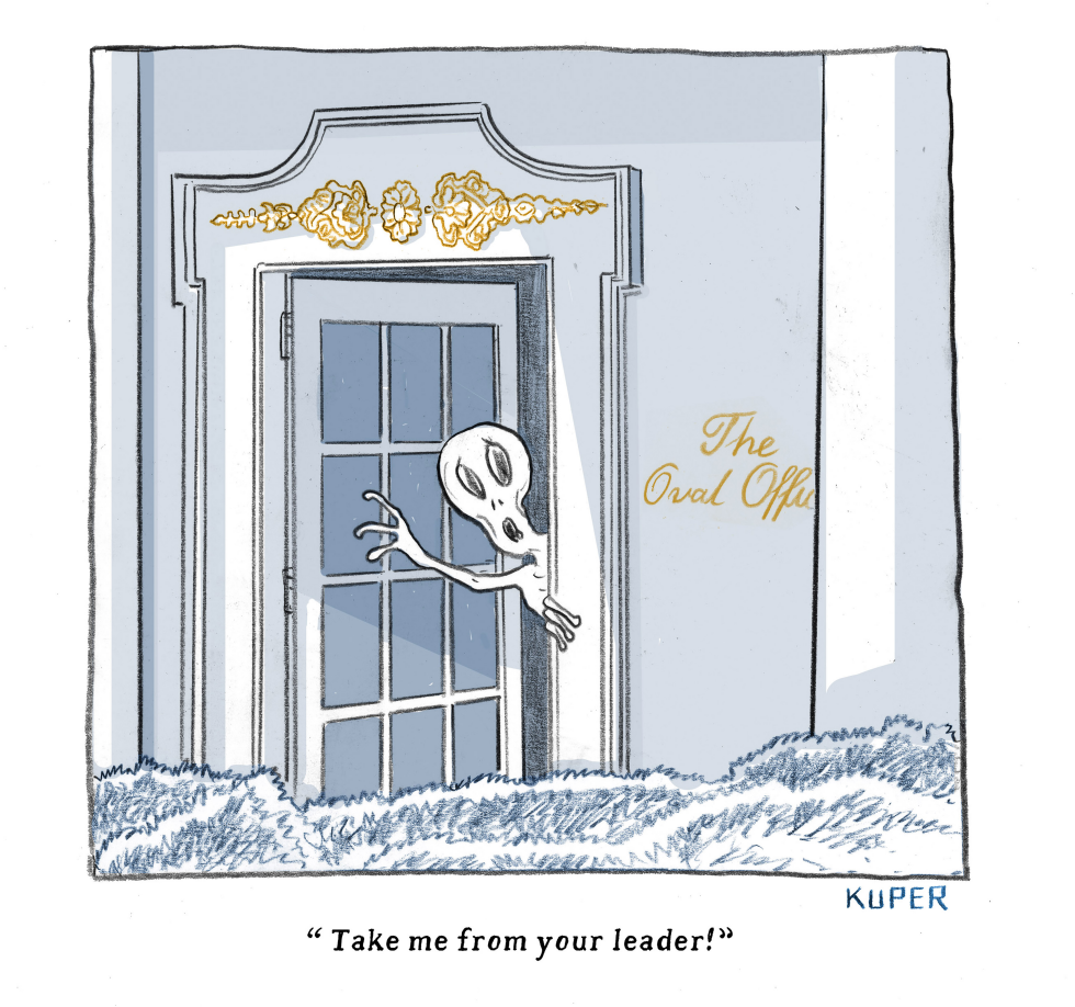 Alien Skeleton Begs for Rescue from Oval Office Leader in Kuper's Satirical Cartoon