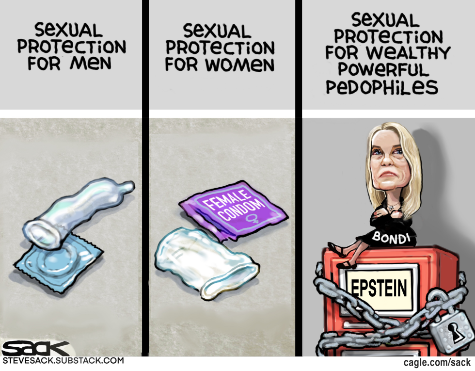 Pam Bondi depicted guarding locked Epstein files in three-panel cartoon