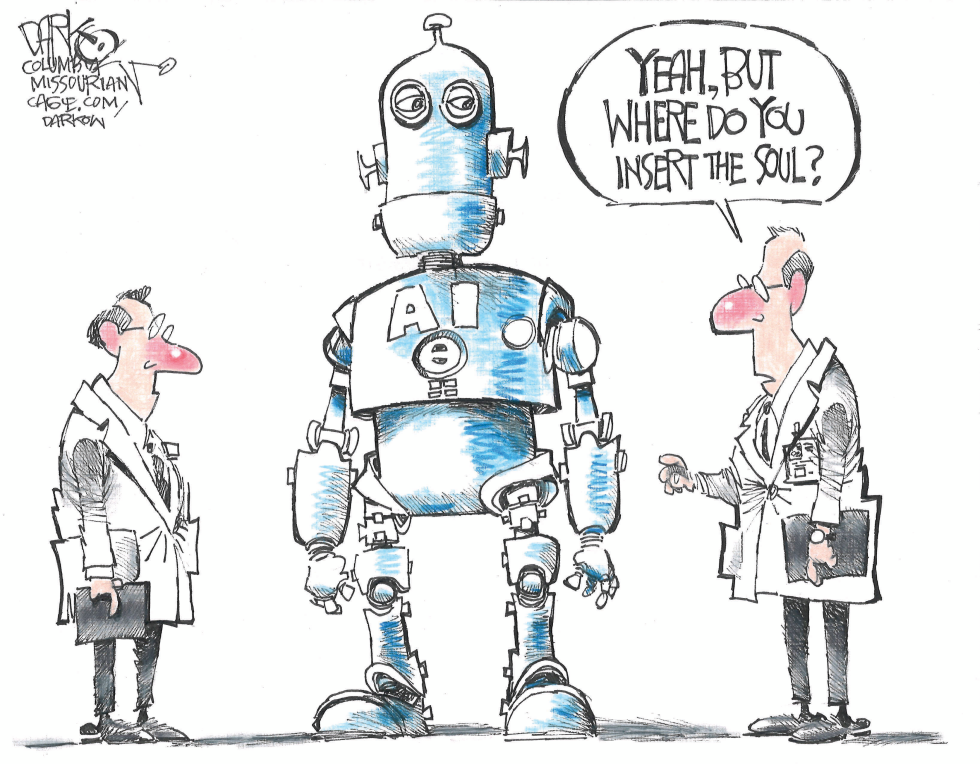 Cartoon depicts scientists flanking large AI robot with soul insertion question