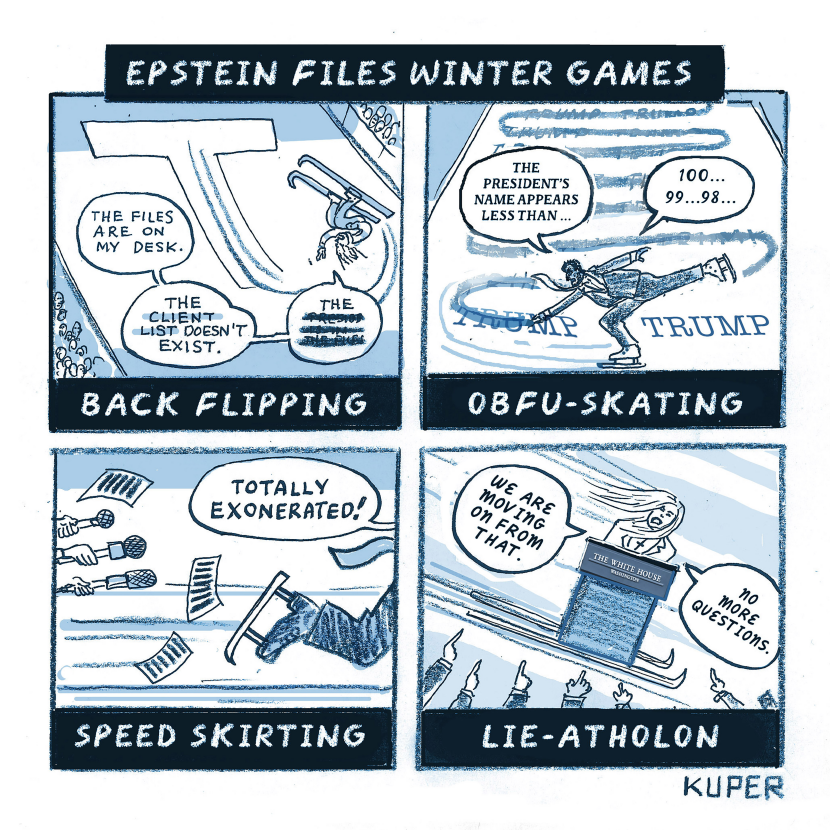 Epstein Files Cartoon Depicts Trump Team Dodging Mentions in Winter Sports Parody