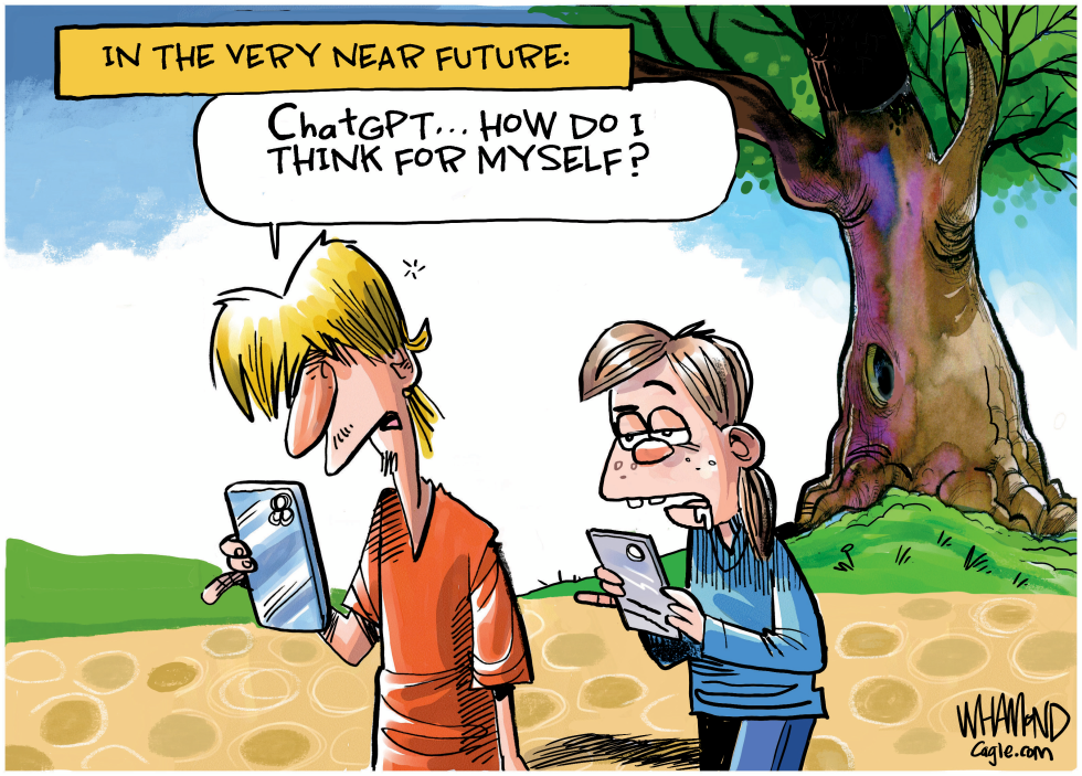 Cartoon Shows People Asking ChatGPT How to Think for Themselves