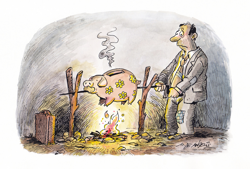 Businessman Roasts Piggy Bank Over Open Fire