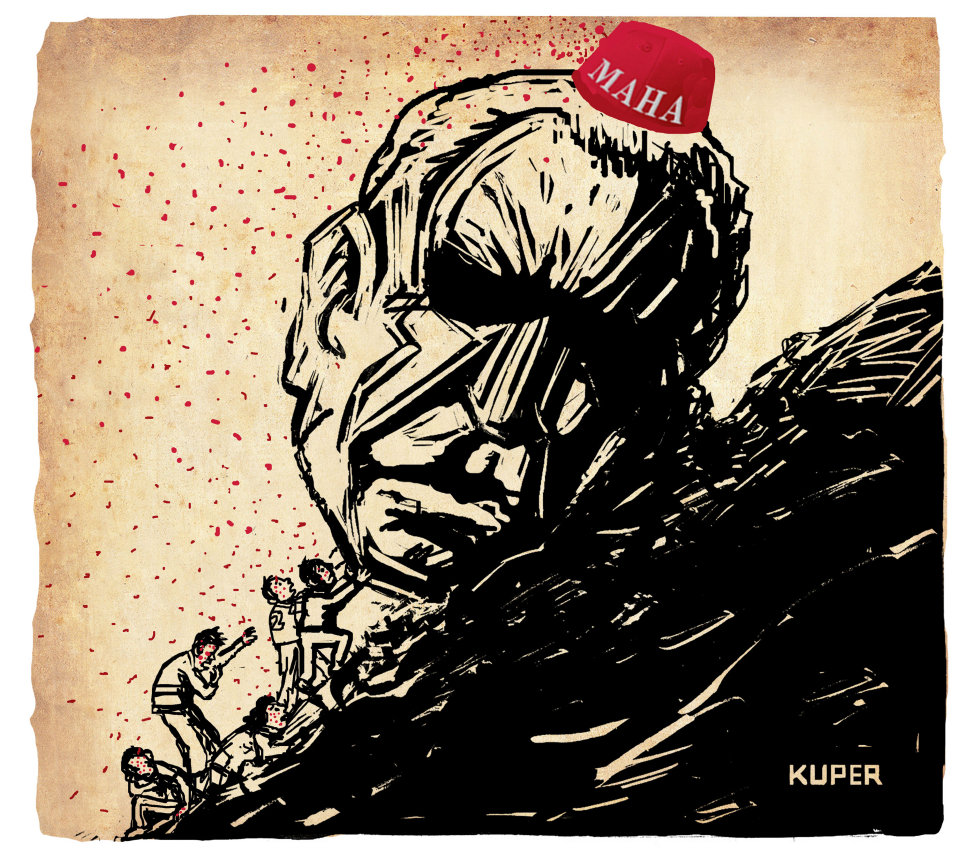 RFK Jr. MAHA Cap Towers Over Children Amid Measles Dots in Kuper Drawing