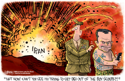 HEGSETH PEACE WITH BOY SCOUTS WAR WITH IRAN by Rick McKee