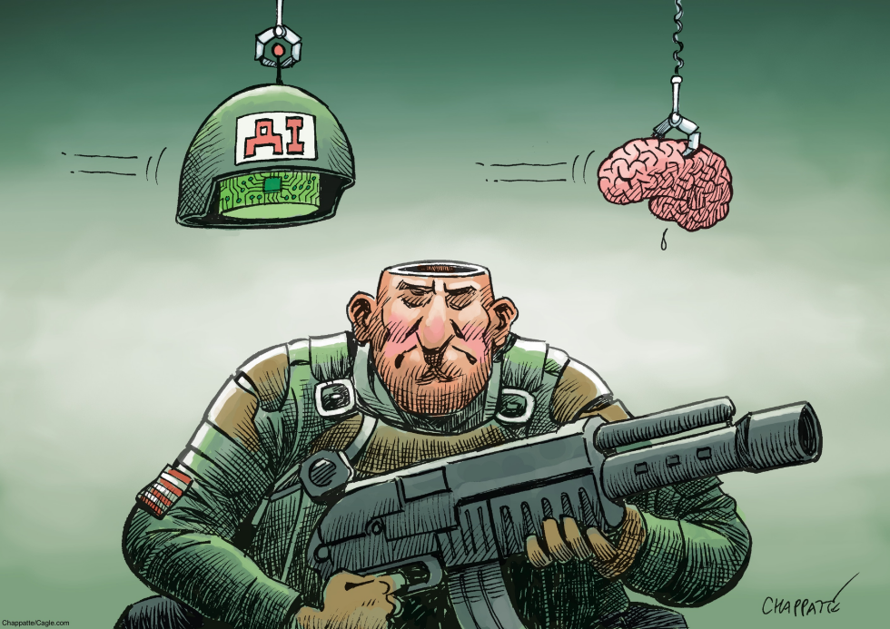 Chappatte cartoon shows soldier with AI helmet and brain removal