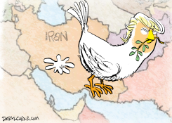 TRUMP PEACE DOVE BOMBS IRAN ON MAP by Daryl Cagle