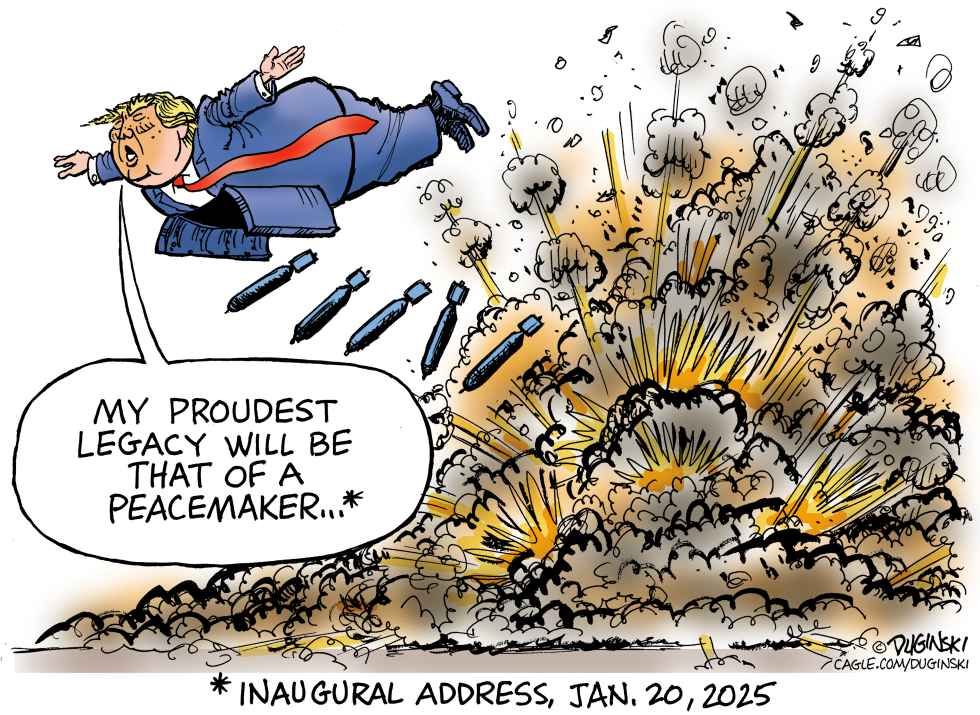 In this political cartoon, Donald Trump claims his proudest legacy as a peacemaker while plummeting with bombs exploding below, tagged as satirical irony.