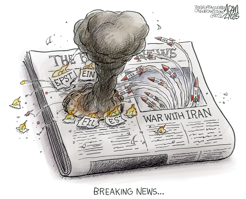 In this political cartoon, media sensationalism erupts like a nuclear explosion from headlines on Epstein files and war with Iran, highlighting journalism critique.