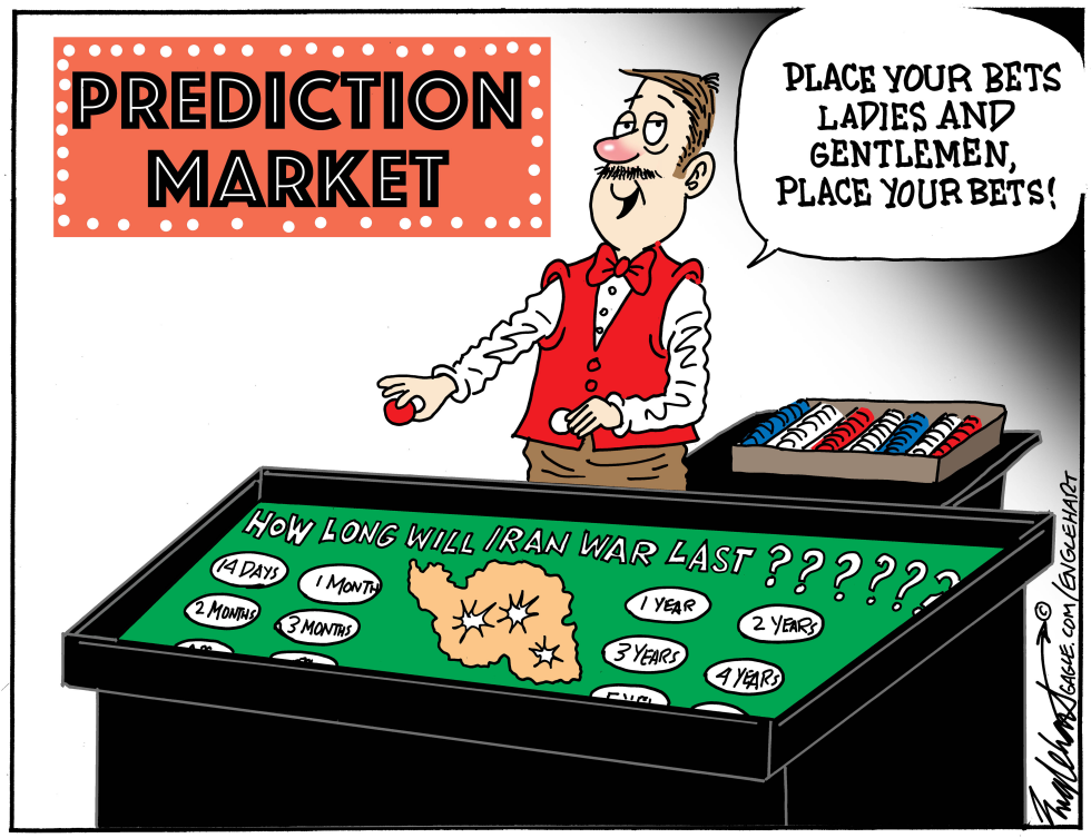 In this political cartoon, a croupier runs a prediction market inviting bets on Iran war duration, blending geopolitical betting with satirical humor.