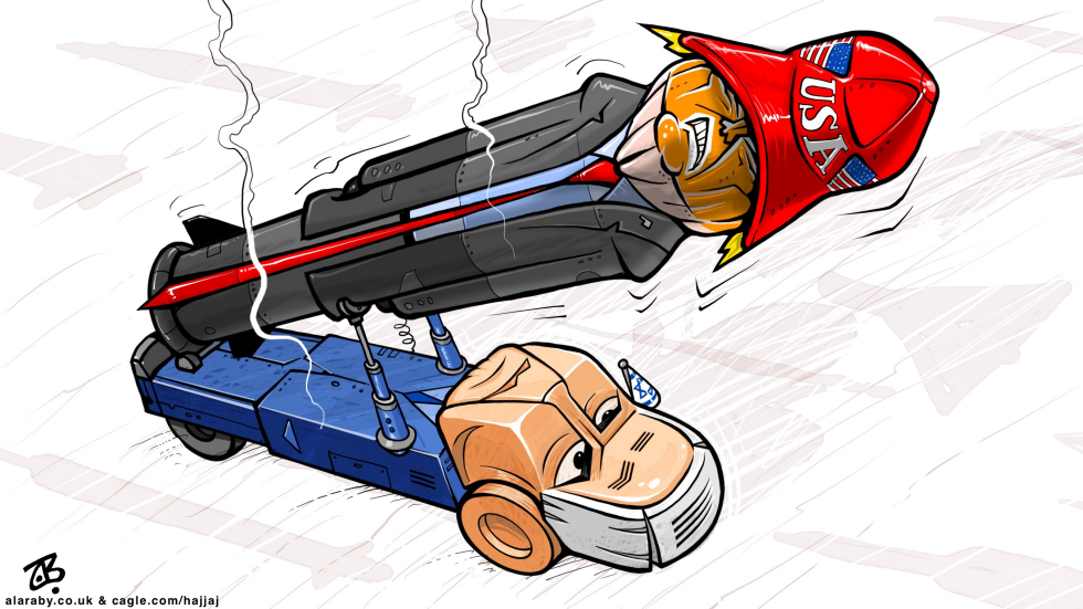 In this political cartoon, Donald Trump as a raging rocket with USA hat launches at Joe Biden depicted as a beleaguered blue robot.