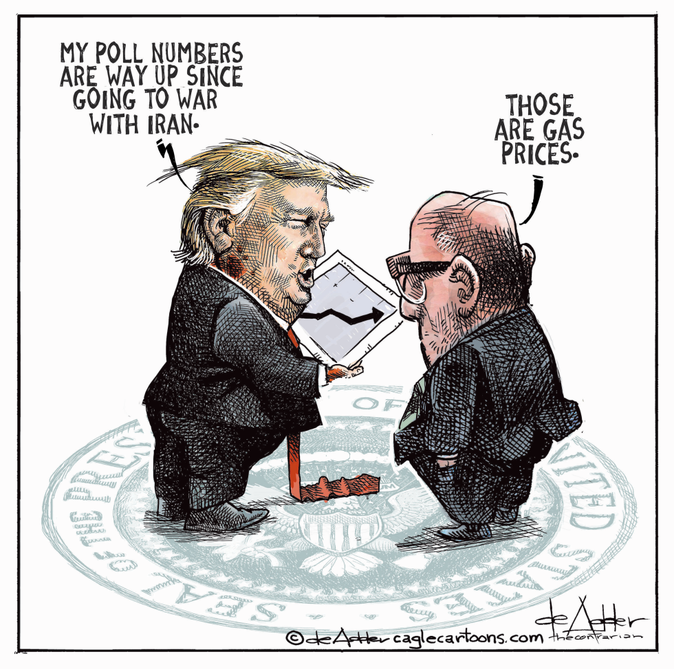 In this biting political cartoon, Donald Trump confuses rising gas prices with poll numbers amid Iran war tensions.