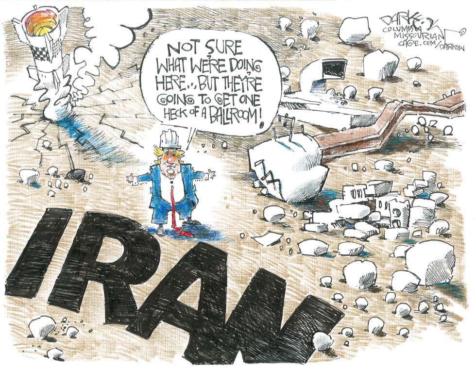 In this political cartoon, Donald Trump surveys a ruined Iran, quipping about a future ballroom amid nuclear tensions.