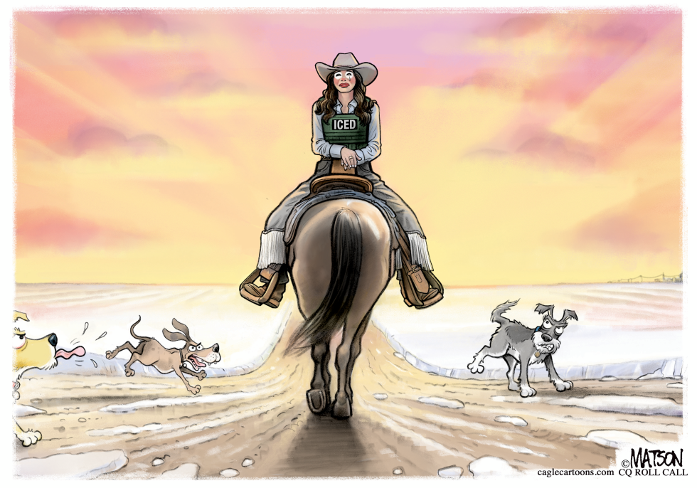 In this political cartoon, an ICE agent cowgirl rides into the sunset while herding dogs scatter, satirizing border patrol efforts.