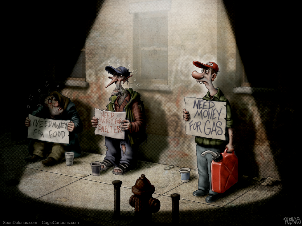 Three Men Hold Signs Asking for Money on Sidewalk