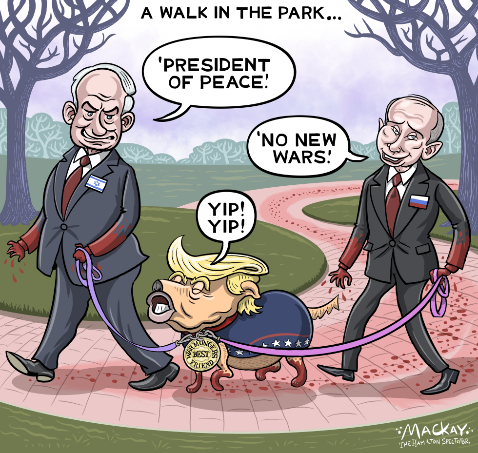Netanyahu and Putin take their lapdog for a walk