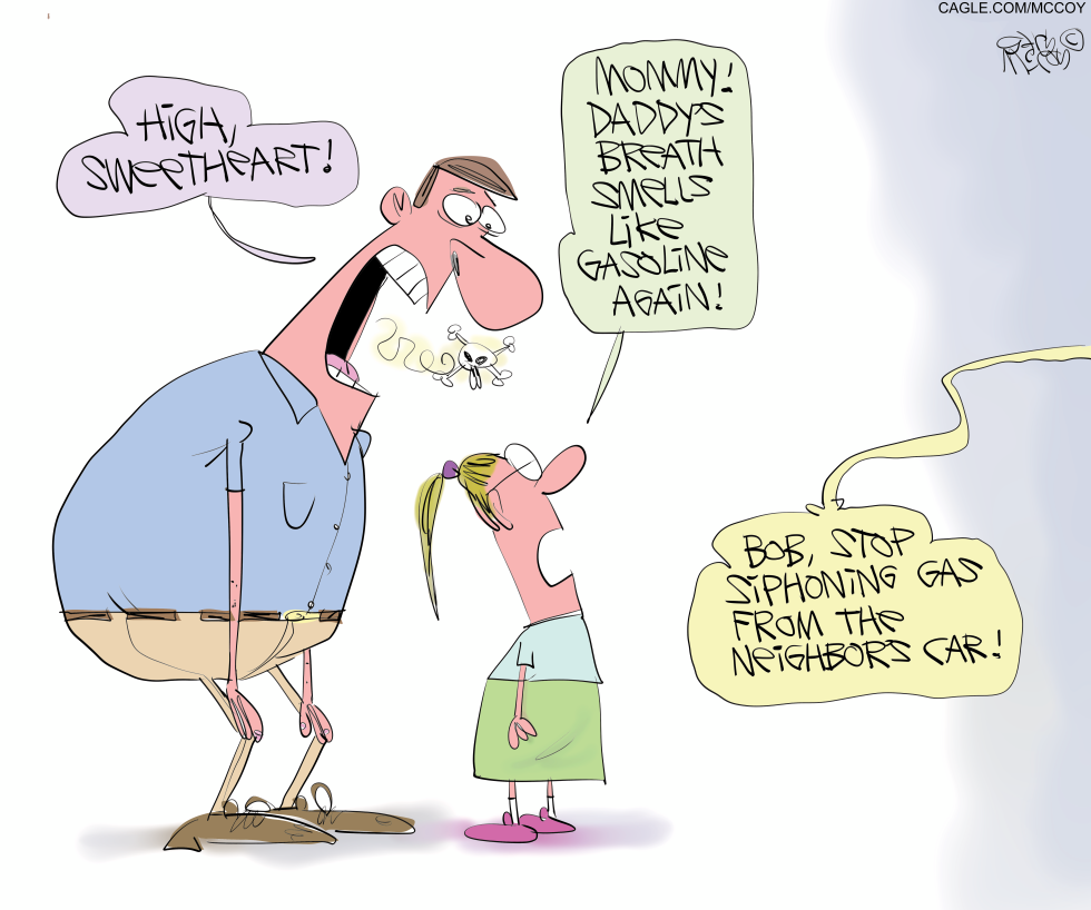 Dad's Gasoline Breath Sparks Family Drama in High Prices Cartoon