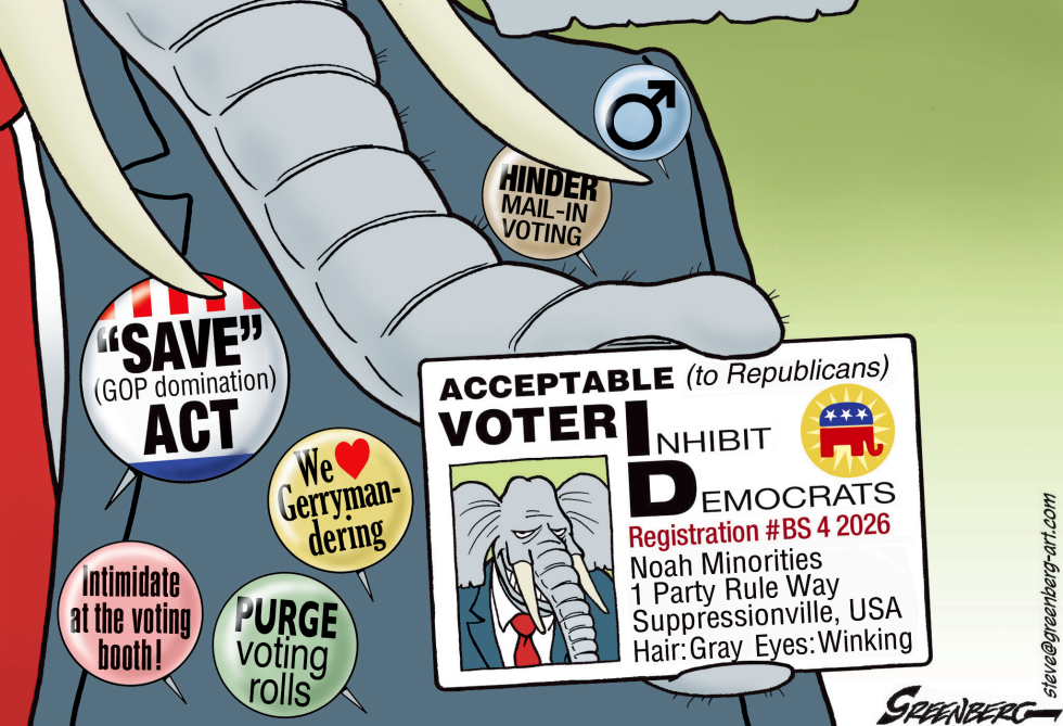 Cartoon mocks SAVE Act and Republican voter measures as tools for dominance