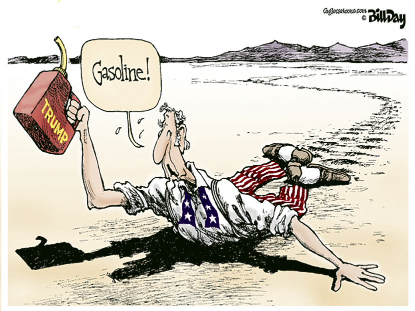 Uncle Sam Crawls Through Desert Clutching Trump Gas Can