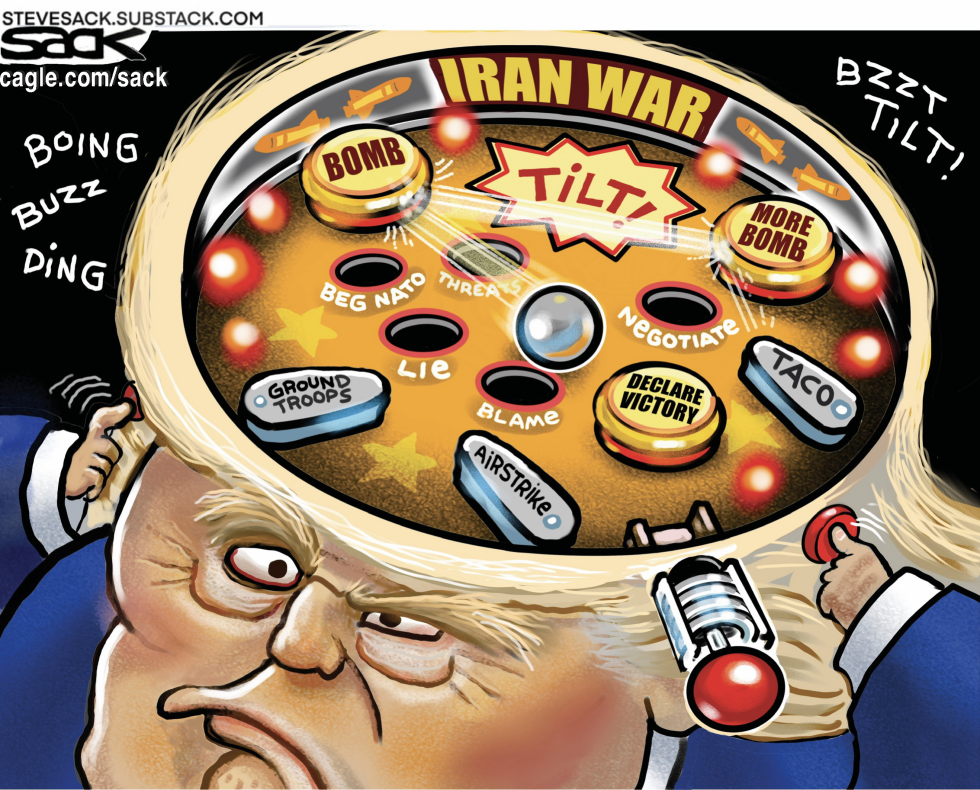 Inside Trump's Pinball Brain: Chaotic Iran War Decisions in Cartoon Form