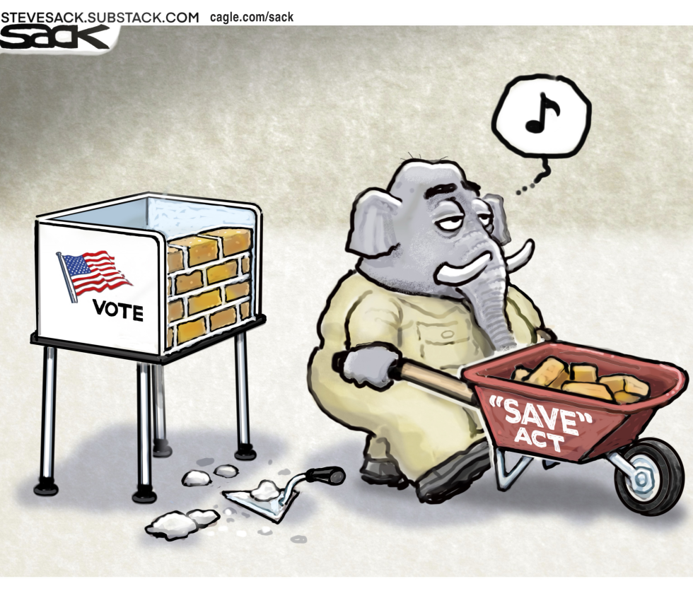 Republican elephant seals voting booth using SAVE Act bricks