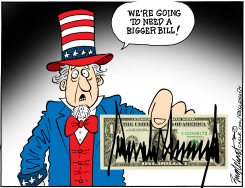 TRUMP'S SIGNATURE ON ALL U.S. PAPER MONEY by Bob Englehart