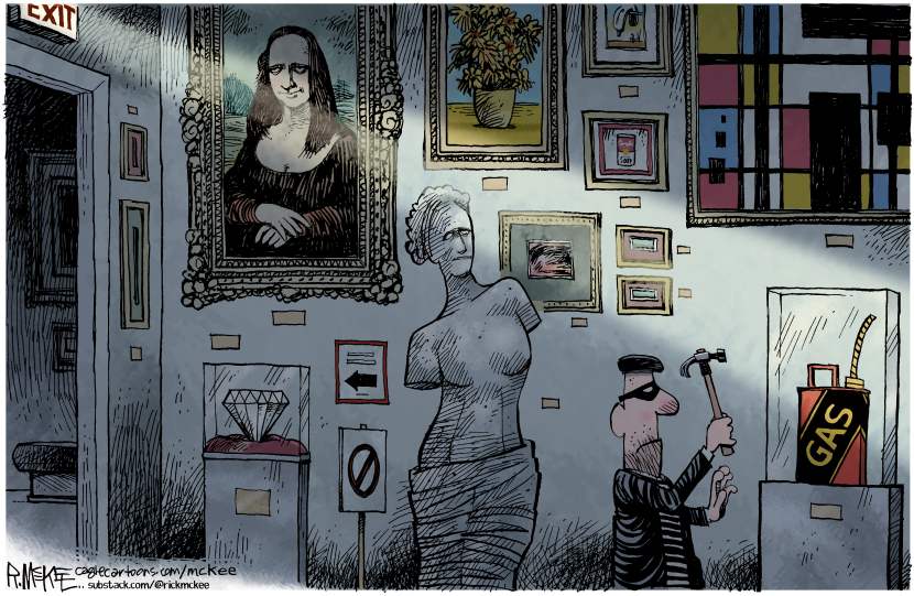 Thief Ignores Priceless Art to Steal Gas Can in Museum Heist Cartoon