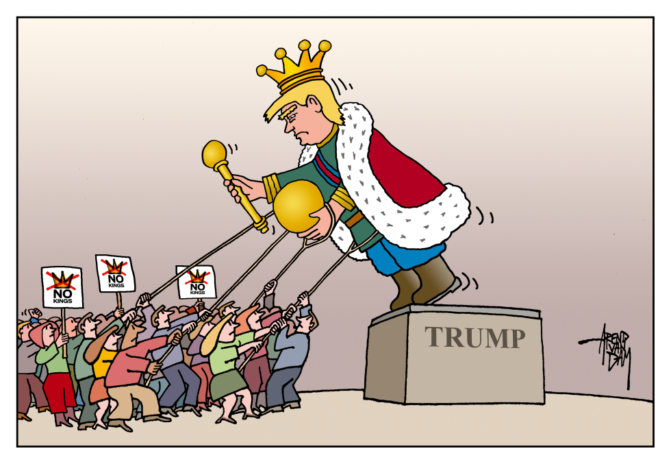 Crowd Topples King Trump Statue in Satirical Cartoon