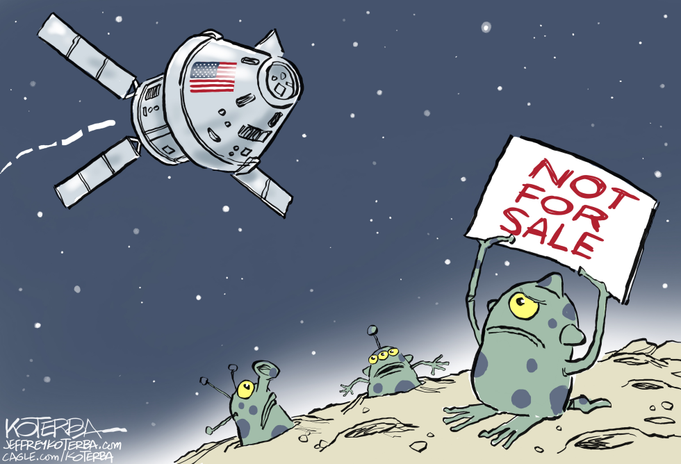 In this political cartoon, green aliens on a sandy surface hold a \'NOT FOR SALE\' sign against a US-flagged spacecraft, blending space exploration satire with property rights humor.