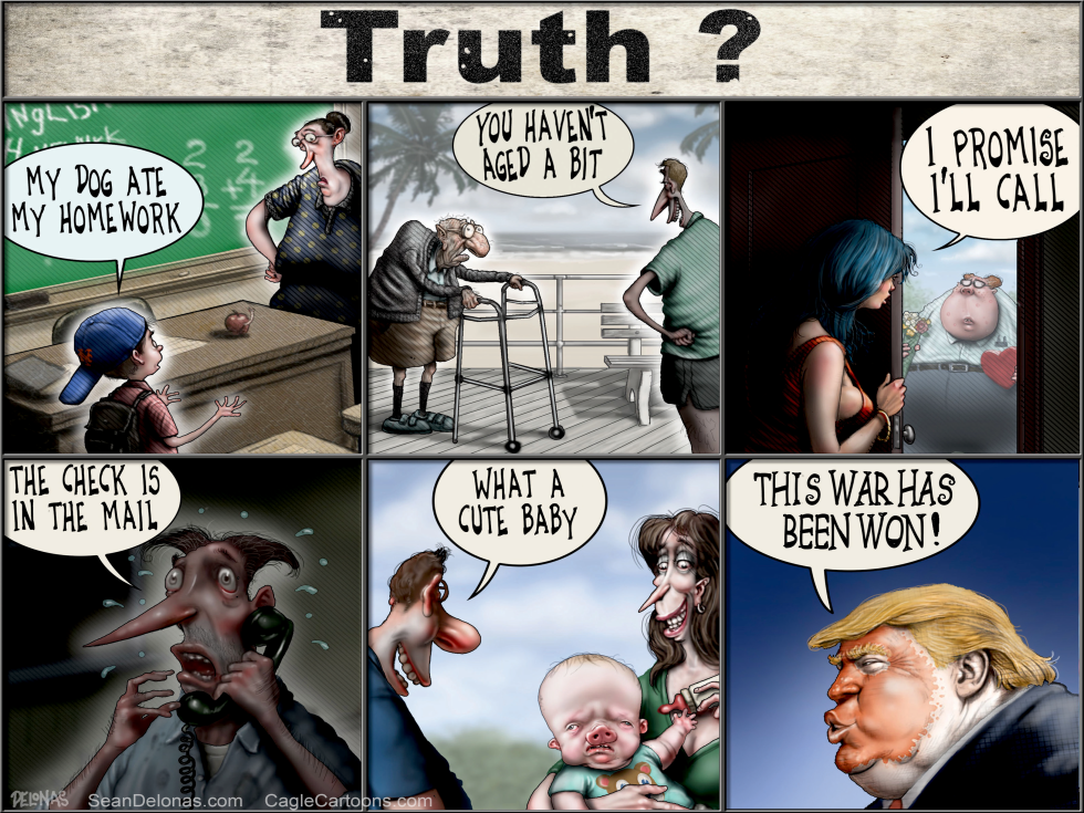 Trump's 'War Won' Claim Joins Classic Lies in Delonas Cartoon