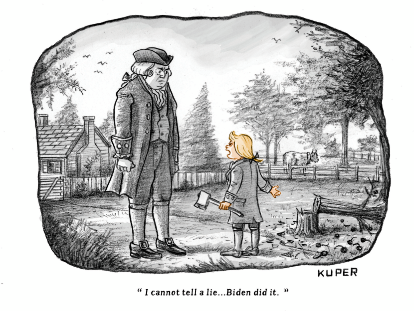 Trump as Young Washington Blames Biden for Cherry Tree