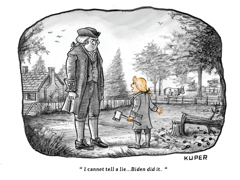 Trump as Young Washington Blames Biden for Cherry Tree