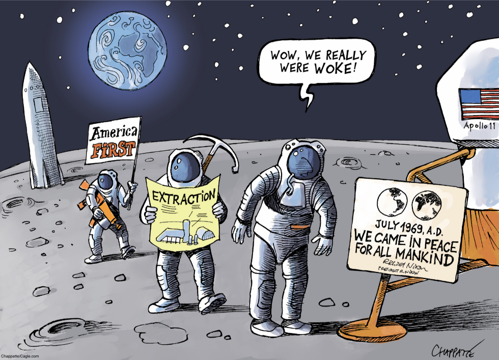 Astronauts on the moon with America First sign and extraction plans laugh at the old Apollo 11 peace plaque, highlighting space race satire.
