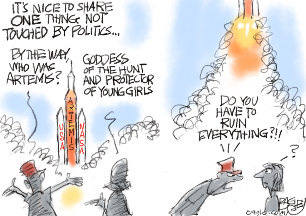 In this political cartoon, a launching Artemis rocket sparks debate over the goddess's role as protector of young girls, highlighting politics invading science.