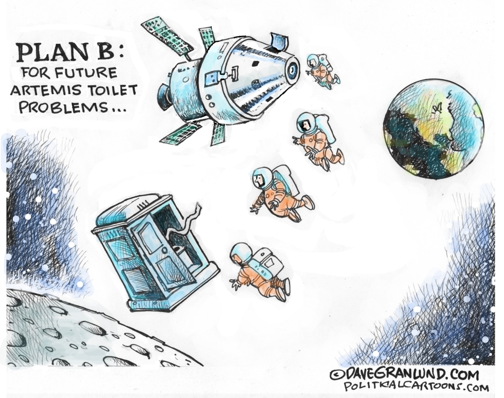 Astronauts float toward a porta-potty in space as Plan B for Artemis toilet glitch during mission around moon.