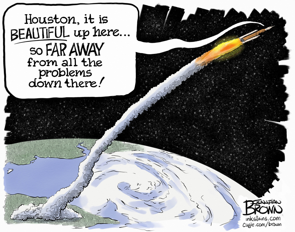 In this political cartoon, an Artemis II rocket blasts off, leaving behind a stormy Earth while commenting on escaping global problems.