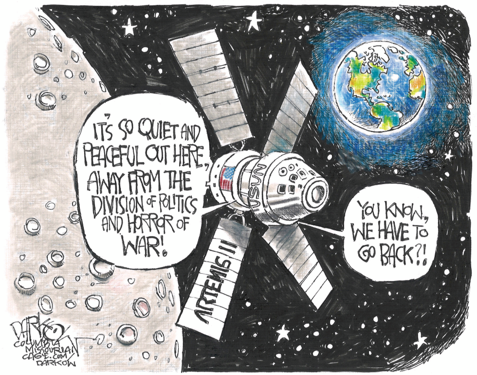 In this satirical cartoon on politics and war division, a spacecraft enjoys peaceful space away from earthly conflicts, but reality calls for return.