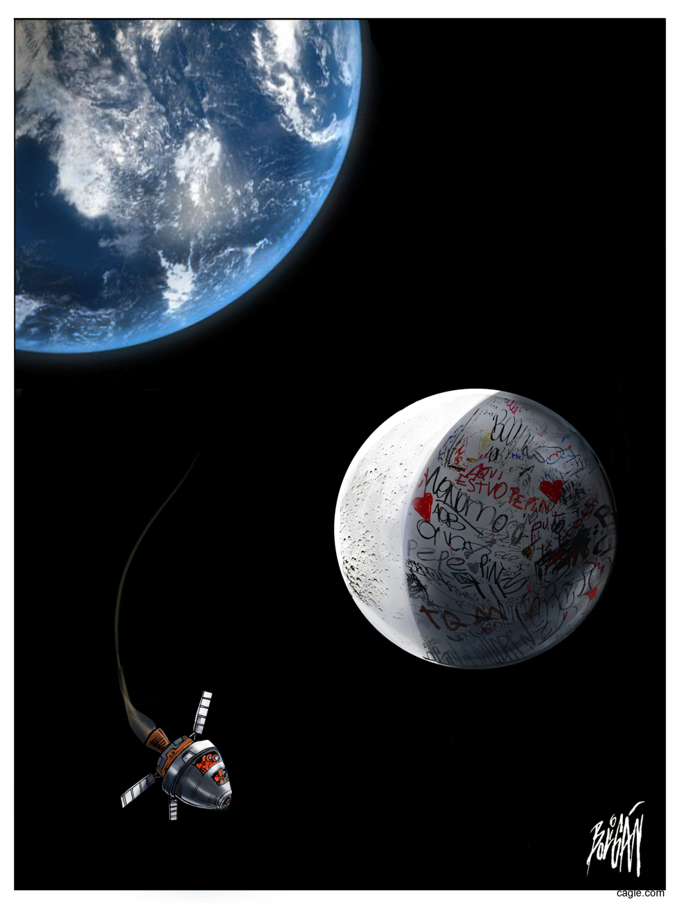 Spacecraft nears moon covered in human graffiti