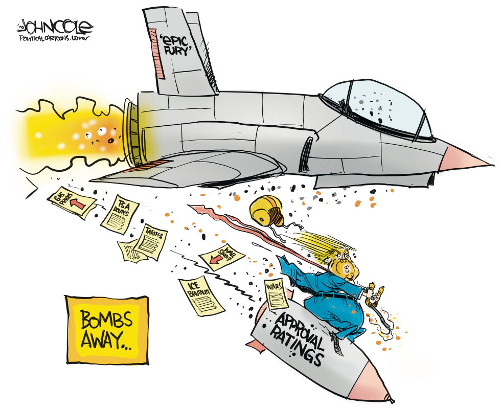 Epic Fury Jet Drops Policy Bombs as Figure Rides Approval Ratings Missile in Satirical Cartoon