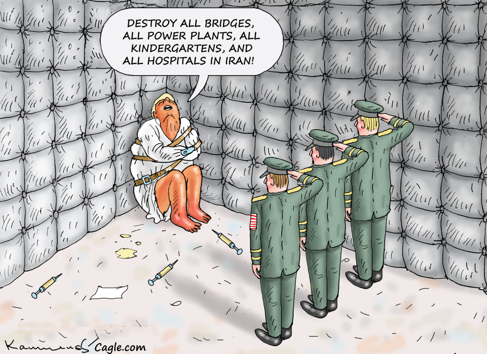 Trump in straitjacket orders destruction of Iranian infrastructure and civilian sites