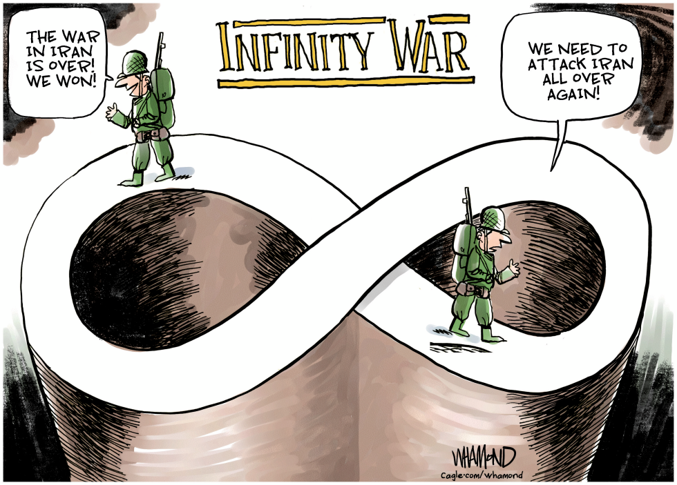 Soldiers on an infinity symbol declare victory in Iran war, only to call for another attack, capturing endless conflict satire.